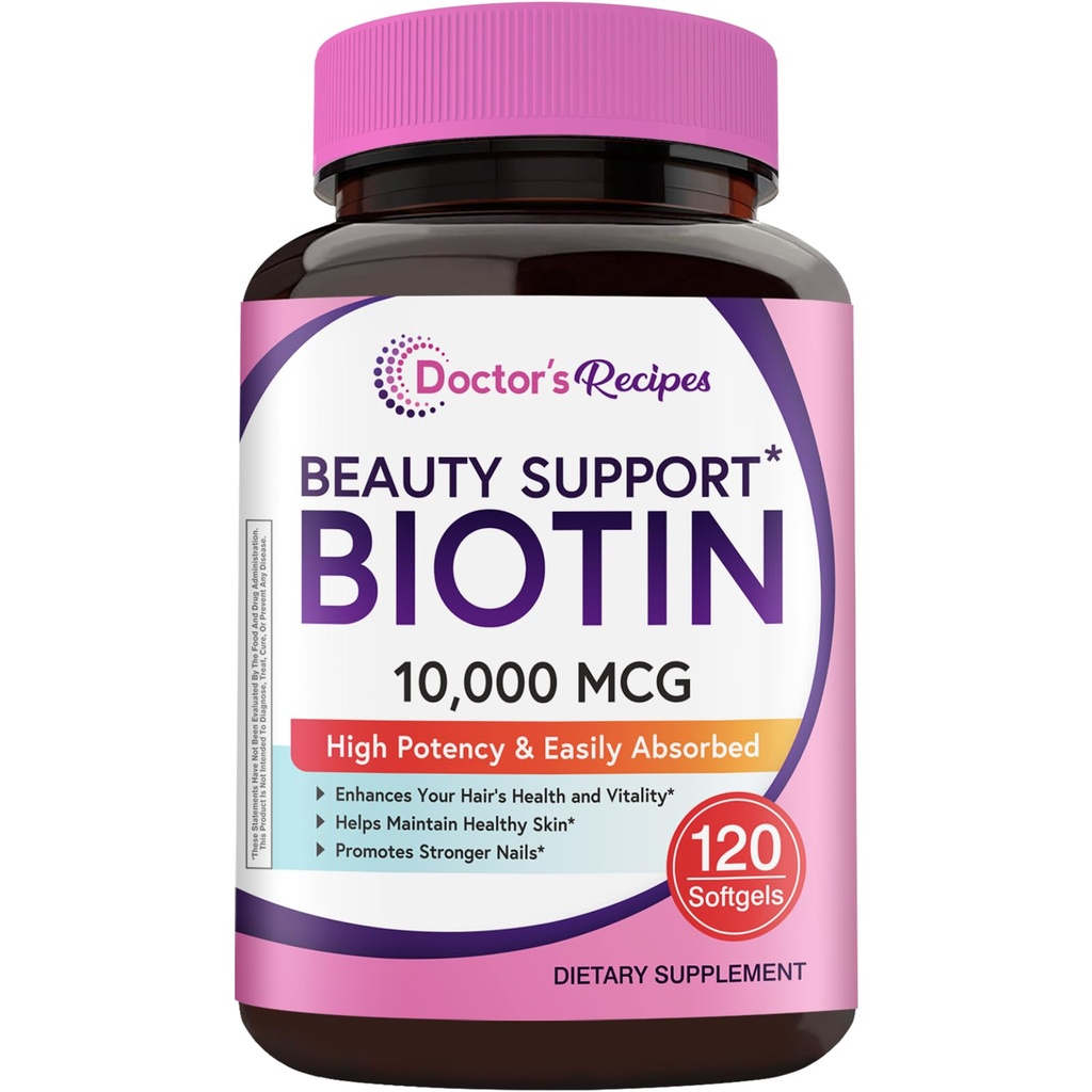 המתכון של דוקטור ביוטין 10,000mcg, ויטמין B7 גבוה לשיער, Skin & Nail Support, Non-GMO, Optimal Solutions שיער עם ביוטין, עבור נשים וגברים, 120 Softgels