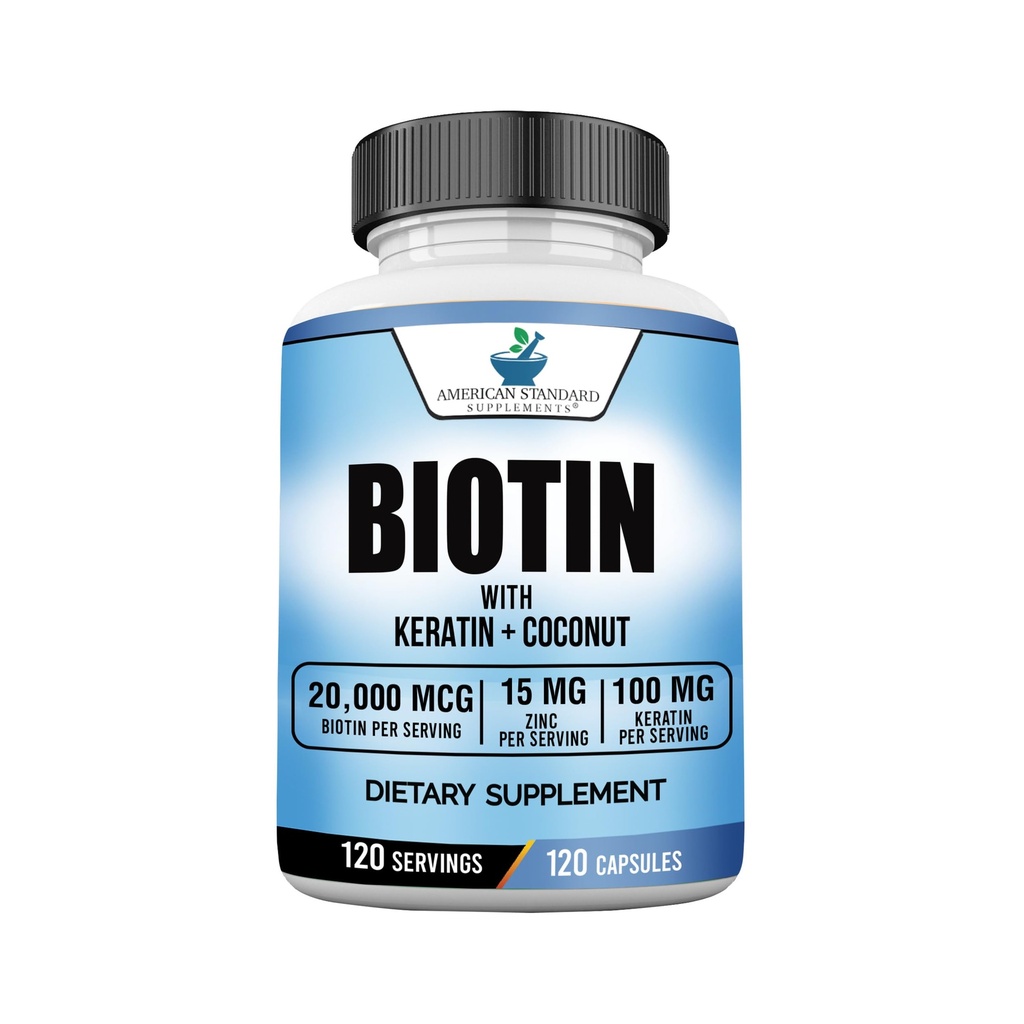 תקן אמריקאי תוספי ביוטין 20,000mcg עם Keratin, אבקת קוקוס ו Zinc, תוסף ביוטין לנשים וגברים, 120 קפסולות Veggie, 120 יום אספקה