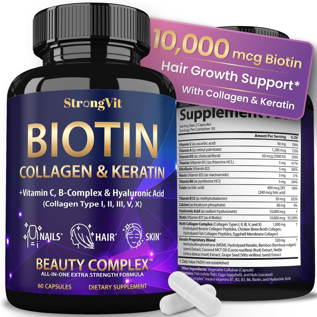 חזק ויאט ביוטין עם Hyaluronic Acid, Keratin ו-Colagen תוספי מזון - 10000mcg עבור שיער נשים וגברים - שיער עור וציפורים ויטמינים - 60 קפסולות