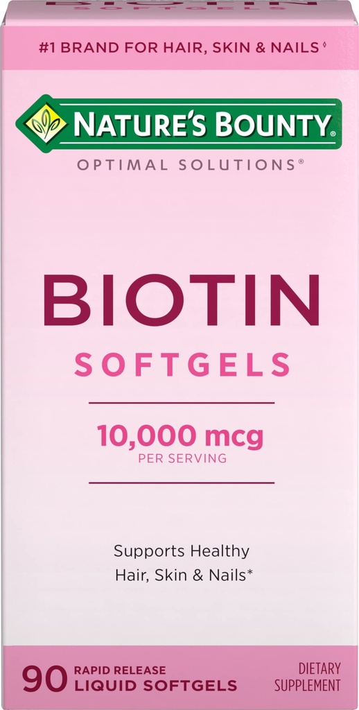 Nature's Bounty Biotin 10000mcg תוסף, תומך שיער בריא, עור וציפורים, אופטימאלי פתרונות שיער ויטמין עם ביוטין, 90 Rapid Release Softgels