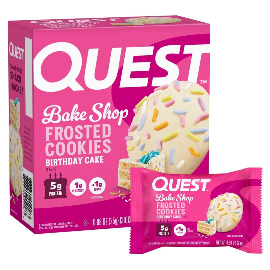 Quest Nutrition Frosted חלבונים עוגיות, עוגת יום הולדת <1g Sugar, 5g חלבון, 1g Net Carbs, Gluten Free, 8 Cookies