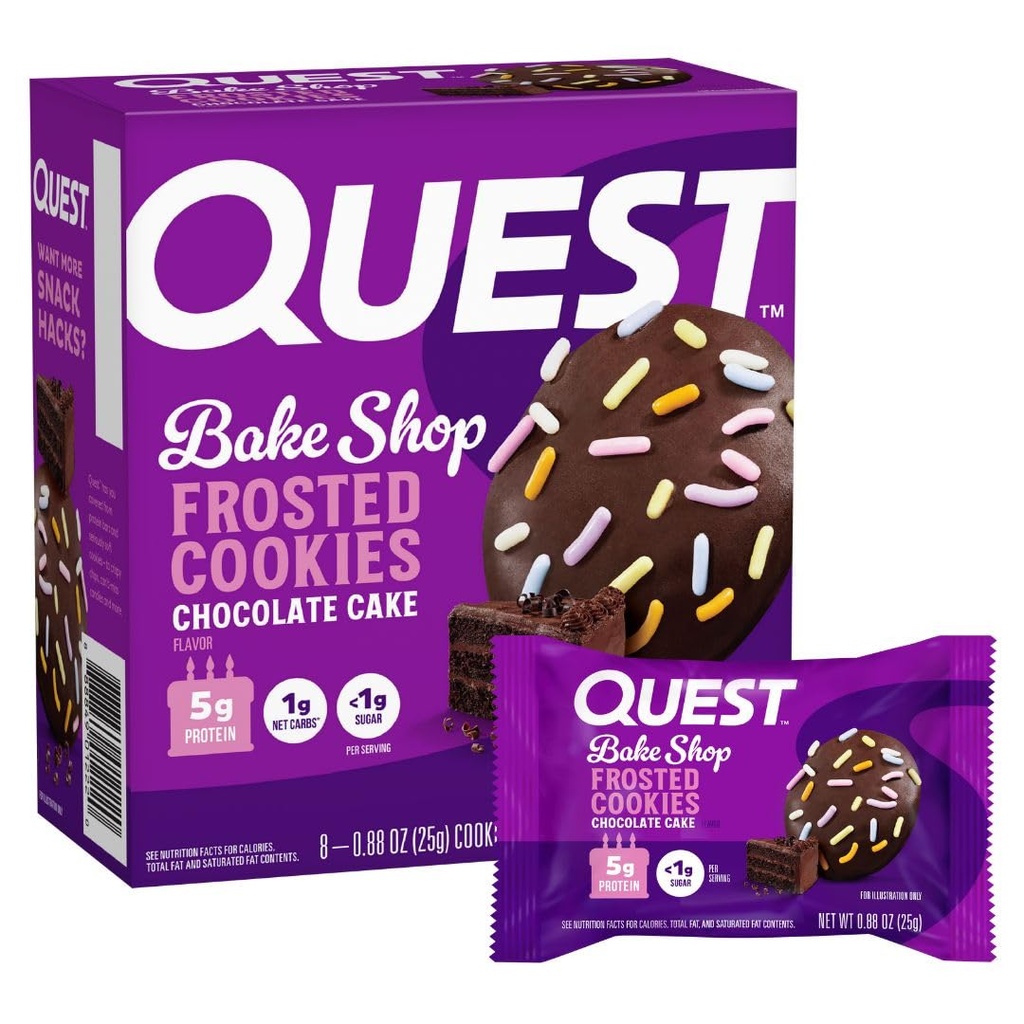 Quest Nutrition Frosted חלבונים עוגיות, עוגת שוקולד, <1g Sugar, 5g חלבון, 1g Net Carbs, Gluten Free, 8 Cookies