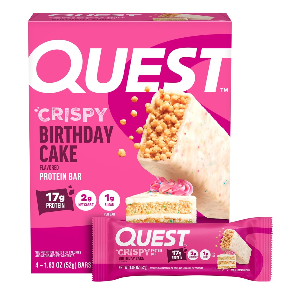 Quest Nutrition Crispy Birthday Cake Bar, 17g חלבון, 1g סוכר, 2g Net Carbs, Gluten Free חלבונים חטיף, Keto Friendly, 4 Count