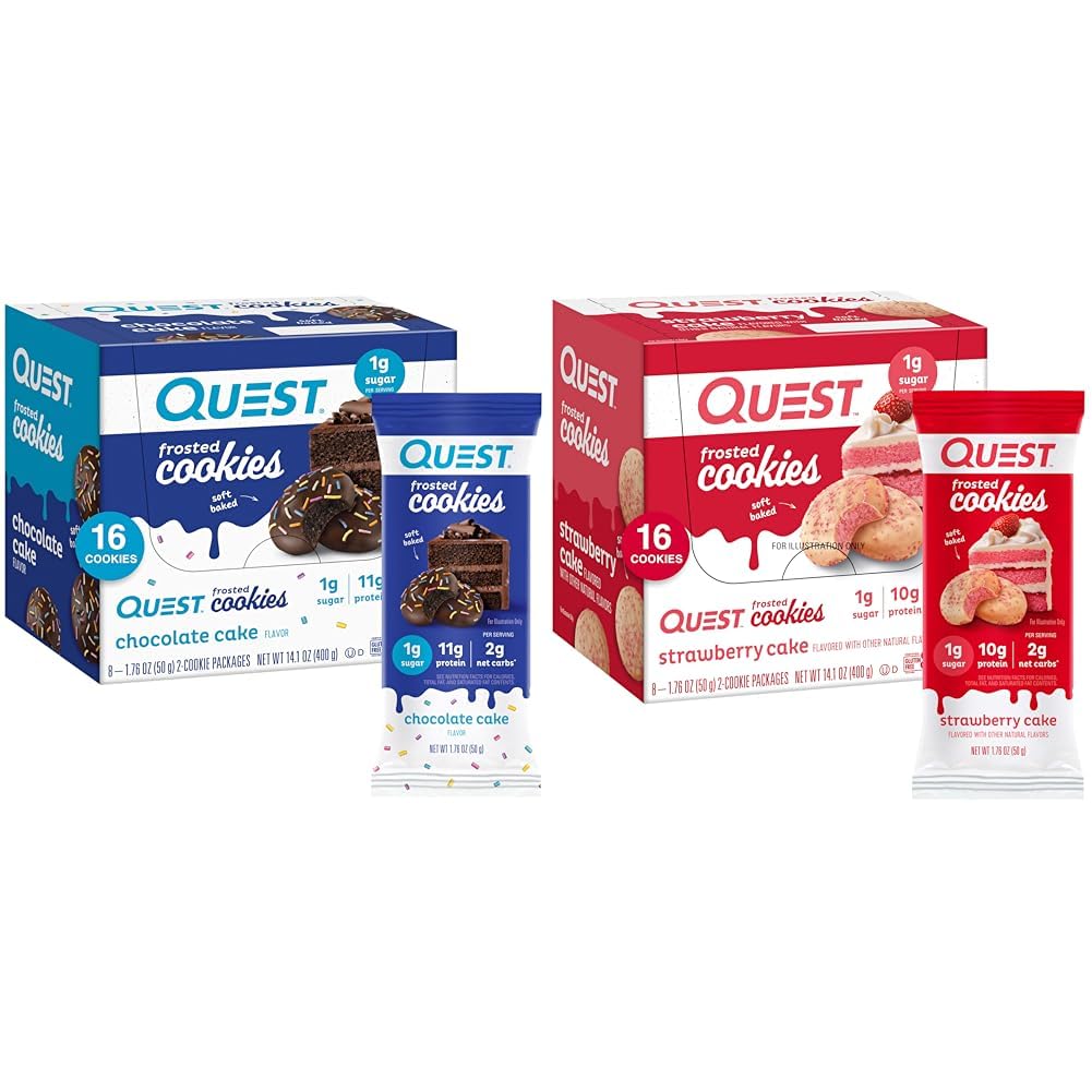 Quest Nutrition Frosted Cookies Pack Bundle, עוגת שוקולד 1g סוכר 11g חלבון 2g Net Carbs ו- Strawberry Cake 1g סוכר 10g חלבון 2g Net Carbs, Gluten Free, 16 עוגיות כל אחת