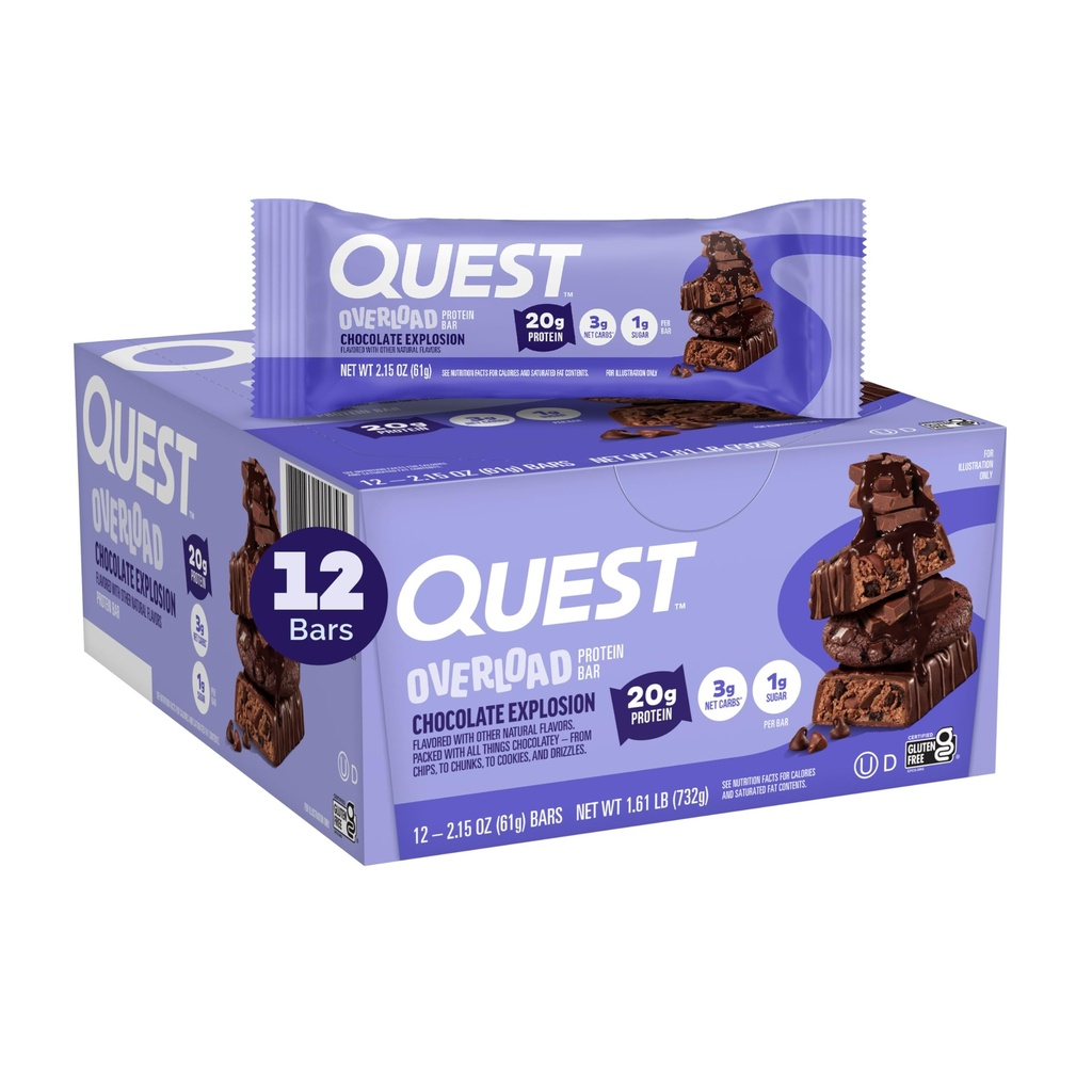 Quest Nutrition Overload חלבונים Bars, Explosion, 20g חלבון, 1g סוכר, 3g Net פחמימות, Gluten Free, 12 Count