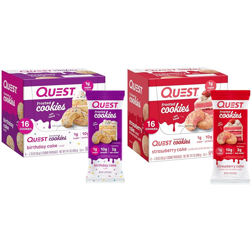 Quested Cookies Twin Pack עם עוגת יום הולדת 1g סוכר 10g חלבון 2g Net פחמימותten Glu 8 Count and Strawberry Cake 1g סוכר 10g חלבון 2g Net פחמימותten חינם 16 עוגיות