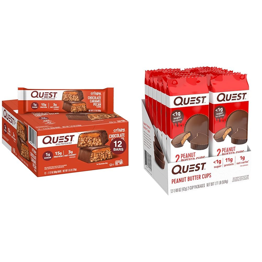 Quest Nutrition Crispy שוקולד קארמל פקאן חלבון, 15g חלבון, 1g סוכר וחלבון נמוך פחמימות, Gluten חינם, Keto Friendly, Peanut Butter Cups, 12 Count