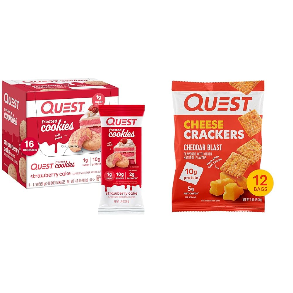 Quest Nutrition Frosted cookies Twin Pack, Strawberry Cake, 1g Sugar, 10g חלבון, 2g Net Carbs & גבינות קרקרים, Cheddar Blast, חלבון גבוה, דלת פחמימות, מיוצר עם גבינה אמיתית, 12 Ct