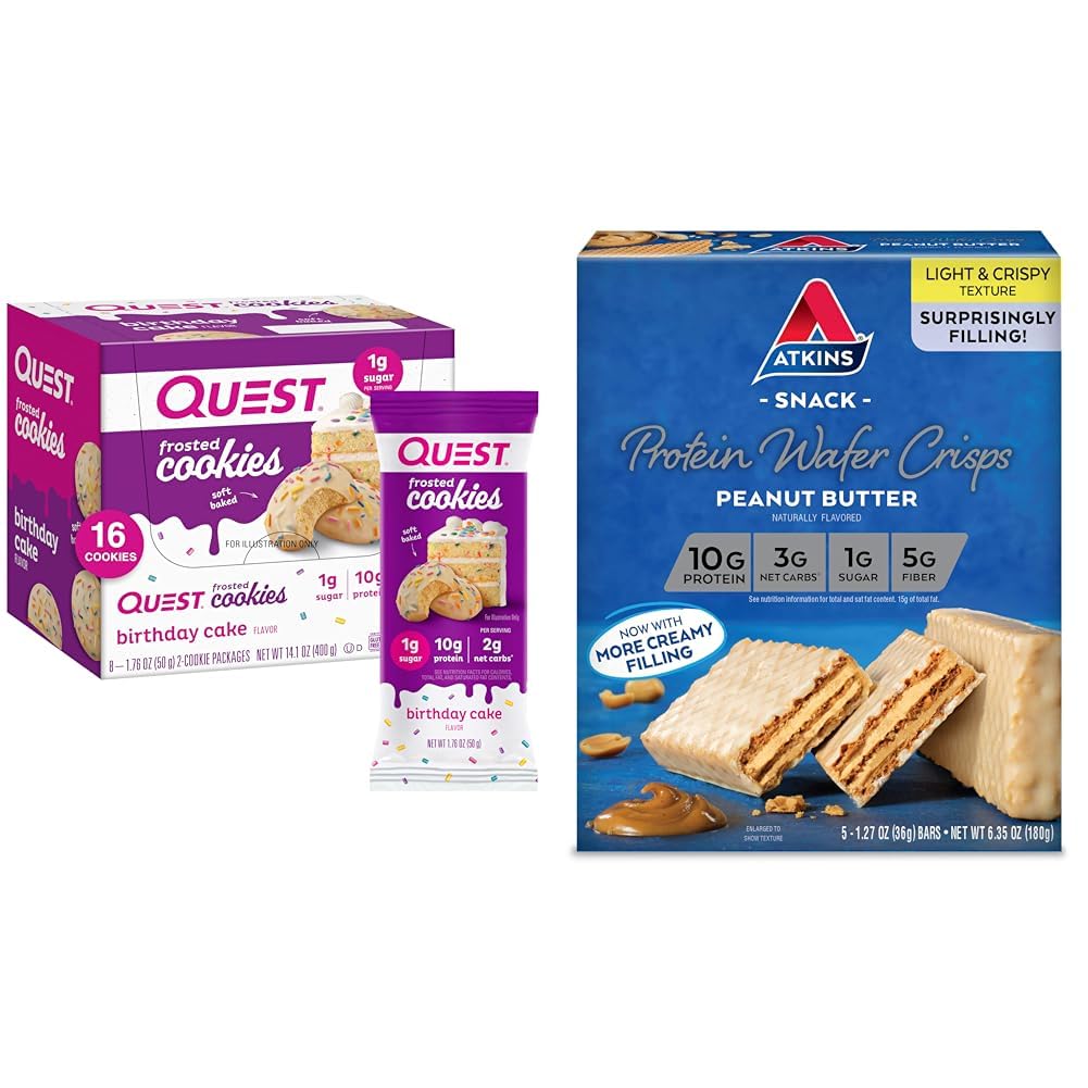 טיול עוגת יום הולדת Frosted Cookies Pack עם 16 עוגיות ו Atkins Peanut Butter חלבונים Wafer קריסps עם 5 הרוזן