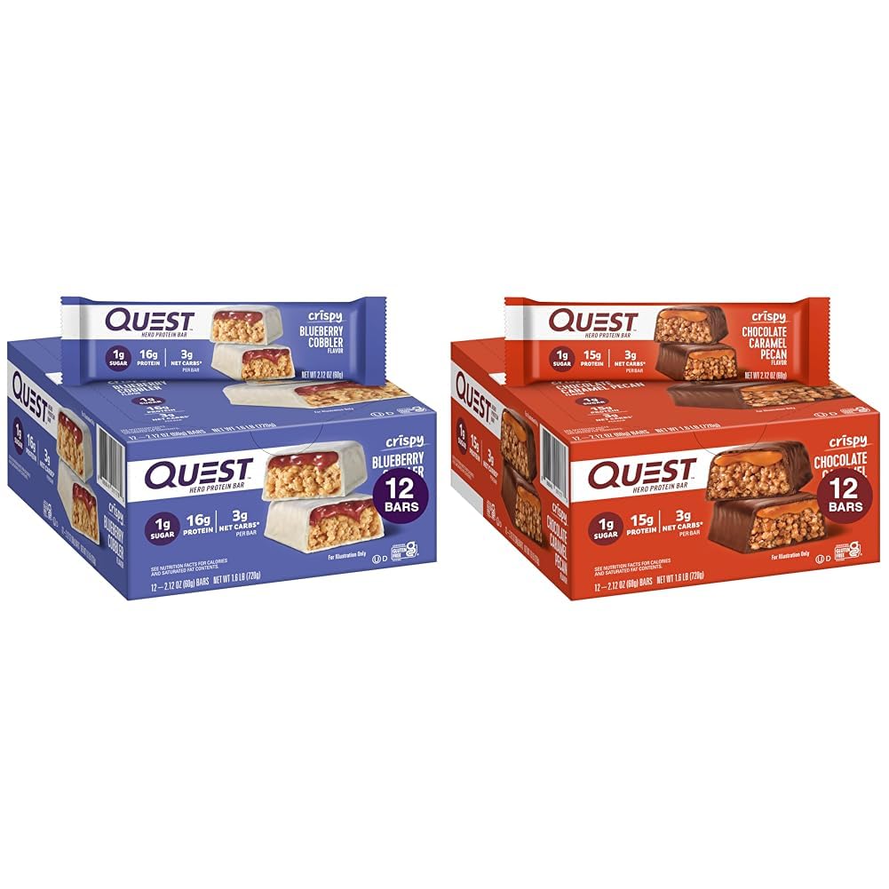 Quest Nutrition Crispy Blueberry Cobbler & שוקולד קארמל פקאן חלבון Bars, 16g ו 15g חלבון, 1g סוכר, 3g Net Carb, Gluten Free, Keto Friendly, 12 Count Bundlele