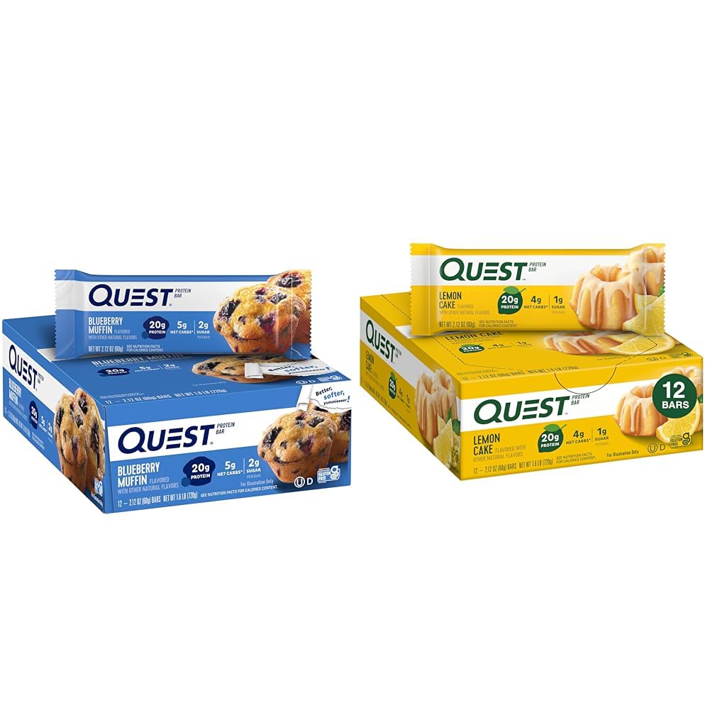 Quest Nutrition Blueberry Muffin (12 Count) ועוגות לימון (12 Count) חלבונים Bars Bundle, חלבונים גבוהים, Gluten חינם