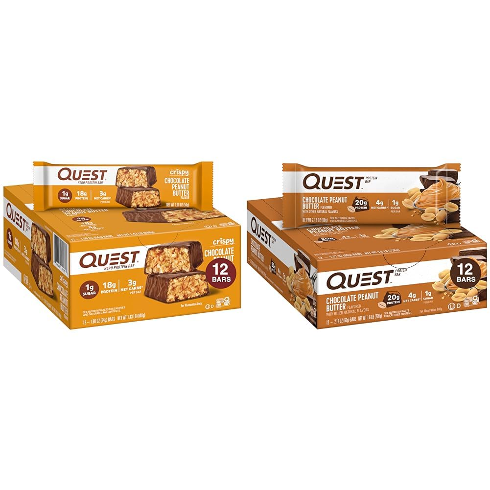 Quest Nutrition Crispy Chocolate Peanut Butter Hero Bar, 18g חלבונים ושוקולד Peanut Butter Bars, חלבונים גבוהים, פחמימות נמוכות, Gluten Free, Keto Friendly, 12 Countg חלבונים & Chocolate Peanut Butter Bars, חלבונים גבוהים, נמוך פחמימות, Gluten Free, Keto Friendly, 12 Count