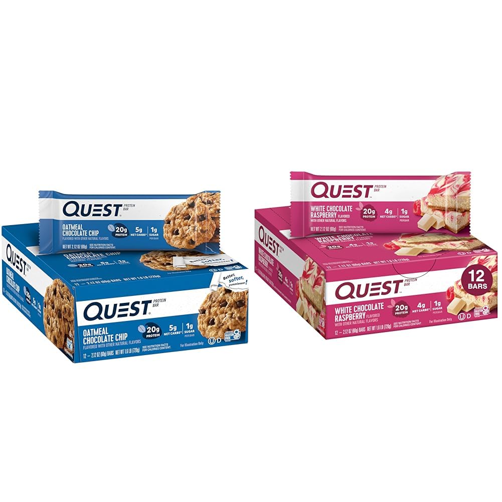 Quest Nutrition Oatmeal שוקולד צ'יפ חלבון בר, חלבון גבוה, פחמימות נמוכות, Glub, 000 חינם לבן שוקולד פטל חלבון בר, חלבון גבוה, פחמימות נמוכה, Gluten חינם