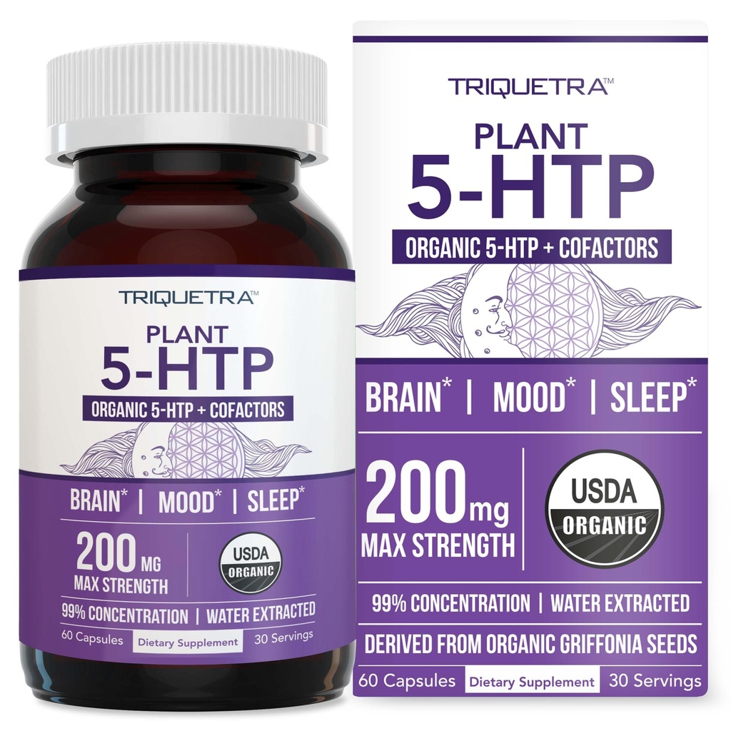 אורגני 5-HTP - 200 מ"ג | 99% ריכוז 5HTP, Plus Cofactor ויטמין B6 & Lion's Mane | מים מופקים מ-Griffonia Seeds | תמיכה Mood, Cognition & Sleep (60 קפסולות | 30 משרתים)