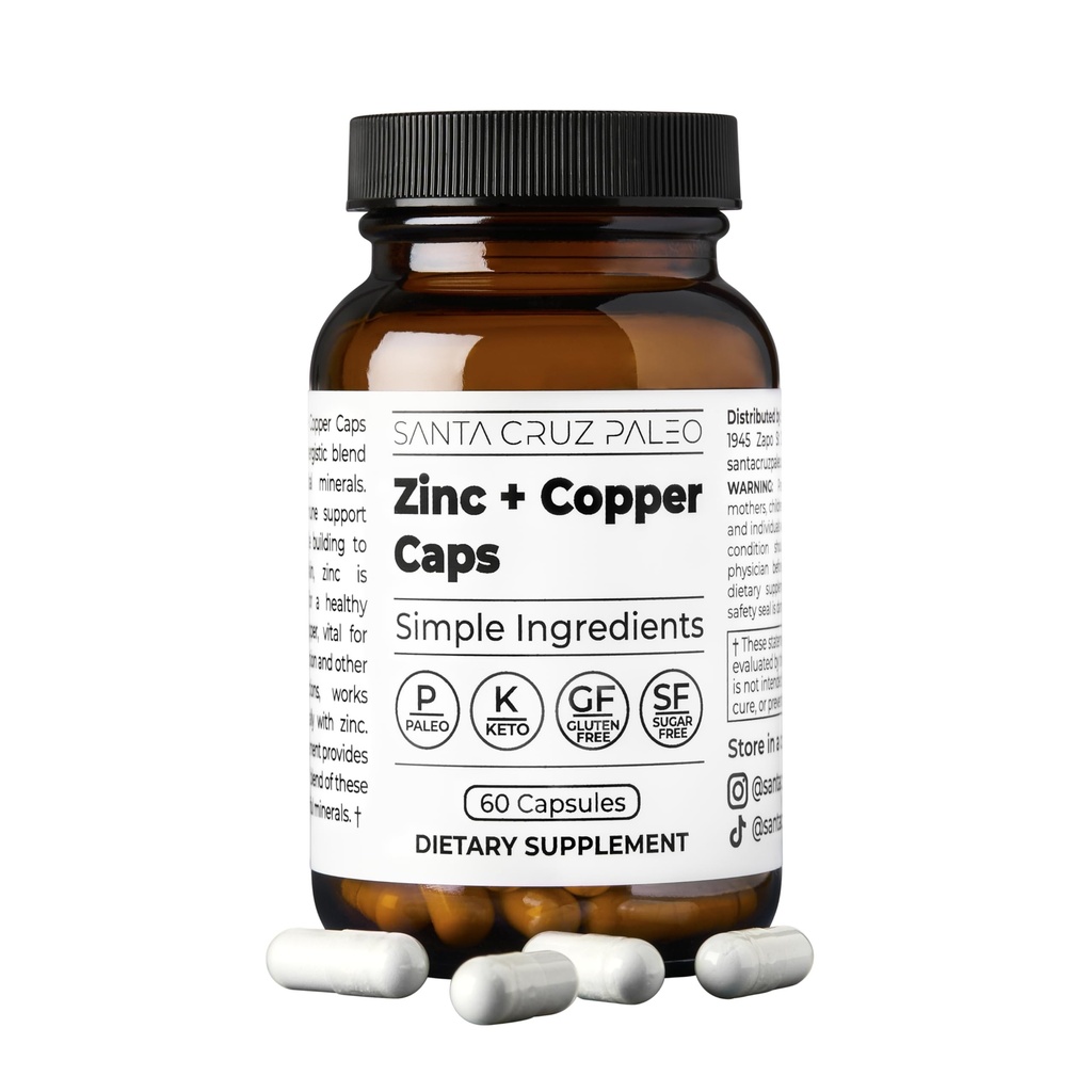 סנטה קרוז Paleo, Zinc & Copper מינרלים תוסף, גבוה Absorption פורמולה, תוספת Znc עבור Skin & Hair, L Methionine, Copper Gluconate, Trace מינרליםs, Gluten Free, Keto, Paleo, 60 קפסולות