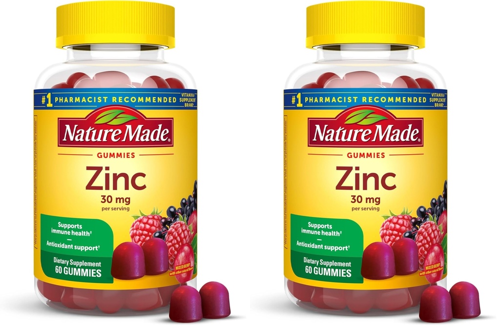 Nature made Zinc Supplements 30 מ"ג Per משרת, תוספת תזונתית עבור Immune Health ו- Antioxidant Support, 60 חניכיים Zinc, 30 יום אספקה (Pack of 2)