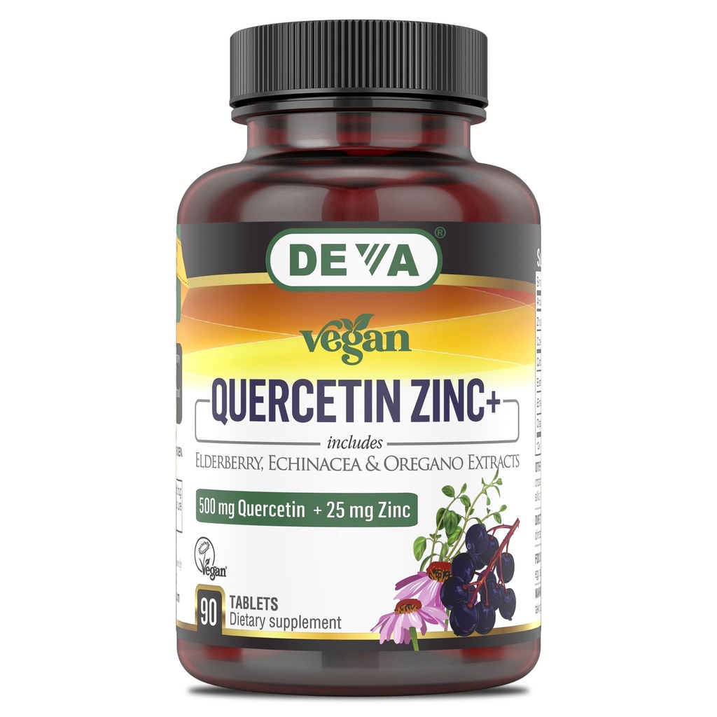 DeVA טבעוני Quercetin 500 מ"ג פלוס 25mg Zinc עם Elderberry, Echinacea ו Oregano Extracts - No Animal Ingredients - 90 טבליות, 1-Pack