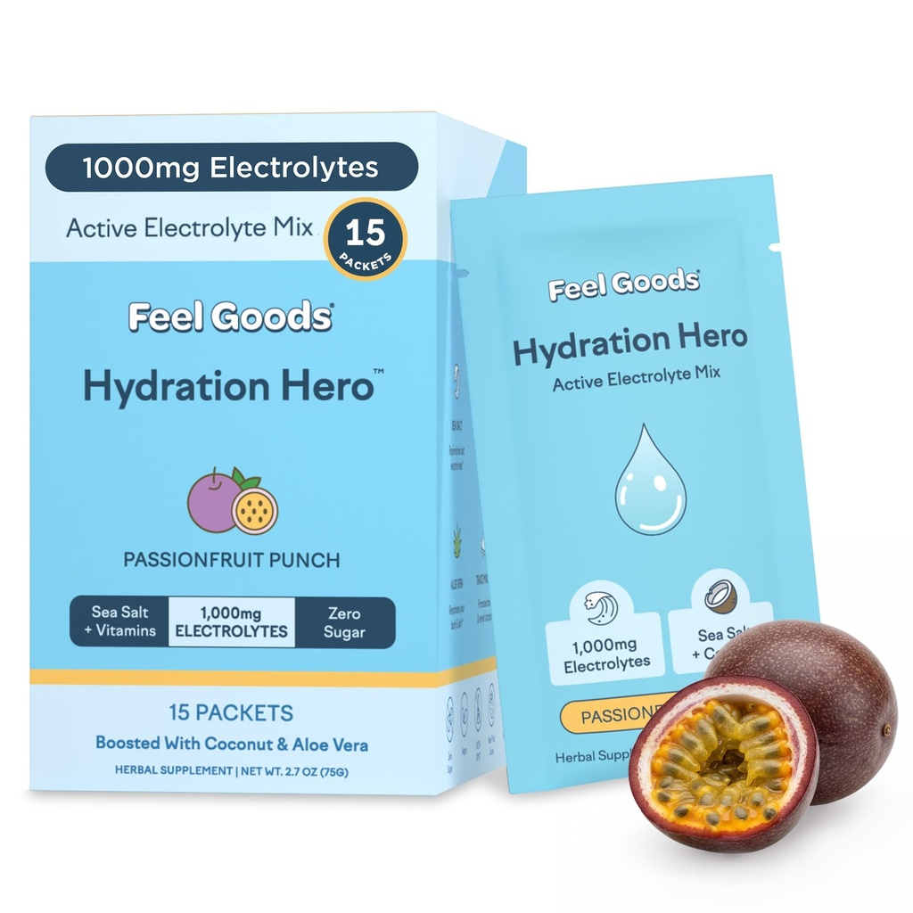 מרגיש טוב hydrtion Hero, 1000 מ"ג אבקת אלקטרוליטים, סוכר חינם, מגנזיום, אורגני Aloe Vera, L Theanine, ויטמין C & B12, Keto, טבעוני, אלקטרוליט Packets, Passion Fruit Punch, 15 הרוזן הרוזן
