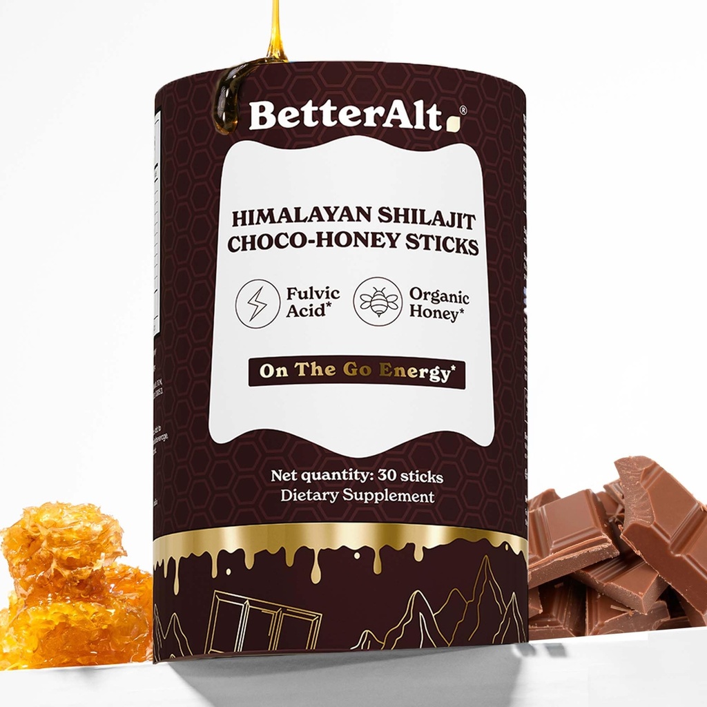 Better Alt Chocolate Shilajit Honey Sticks 75% Fulvic Acid & 85 + Trace מינרלs שוקולד רווי Raw Honeyn Shilajit אנרגיה Booster 30 Sticks Natural Stamina & Endurance Support