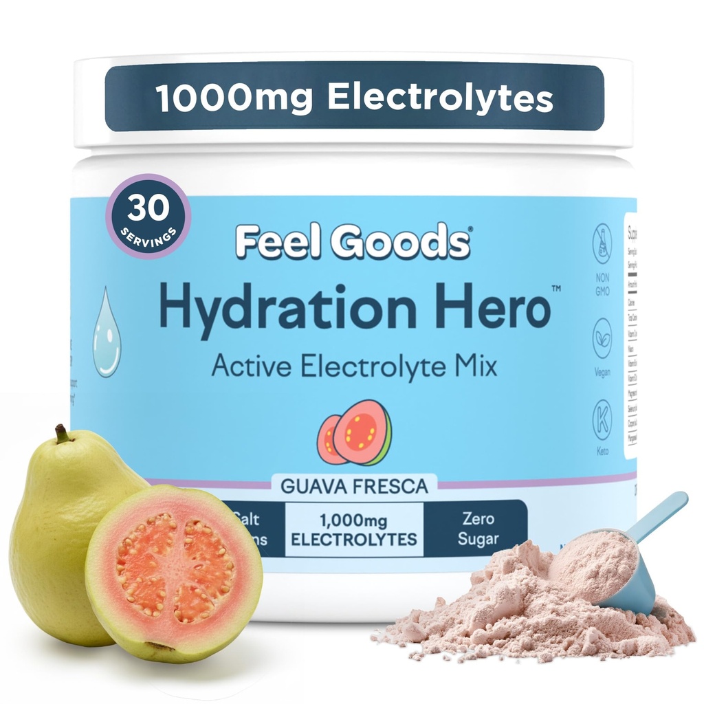 מרגיש Goods hydrotion Hero, 1000 מ"ג אבקת אלקטרוליטים, סוכר חינם, מגנזיום, אורגני Aloe Vera, אורגני Aloe, L Theanine, C & B12, Non GMO, Keto, טבעוני | Guava Fresca, 30 משרתים