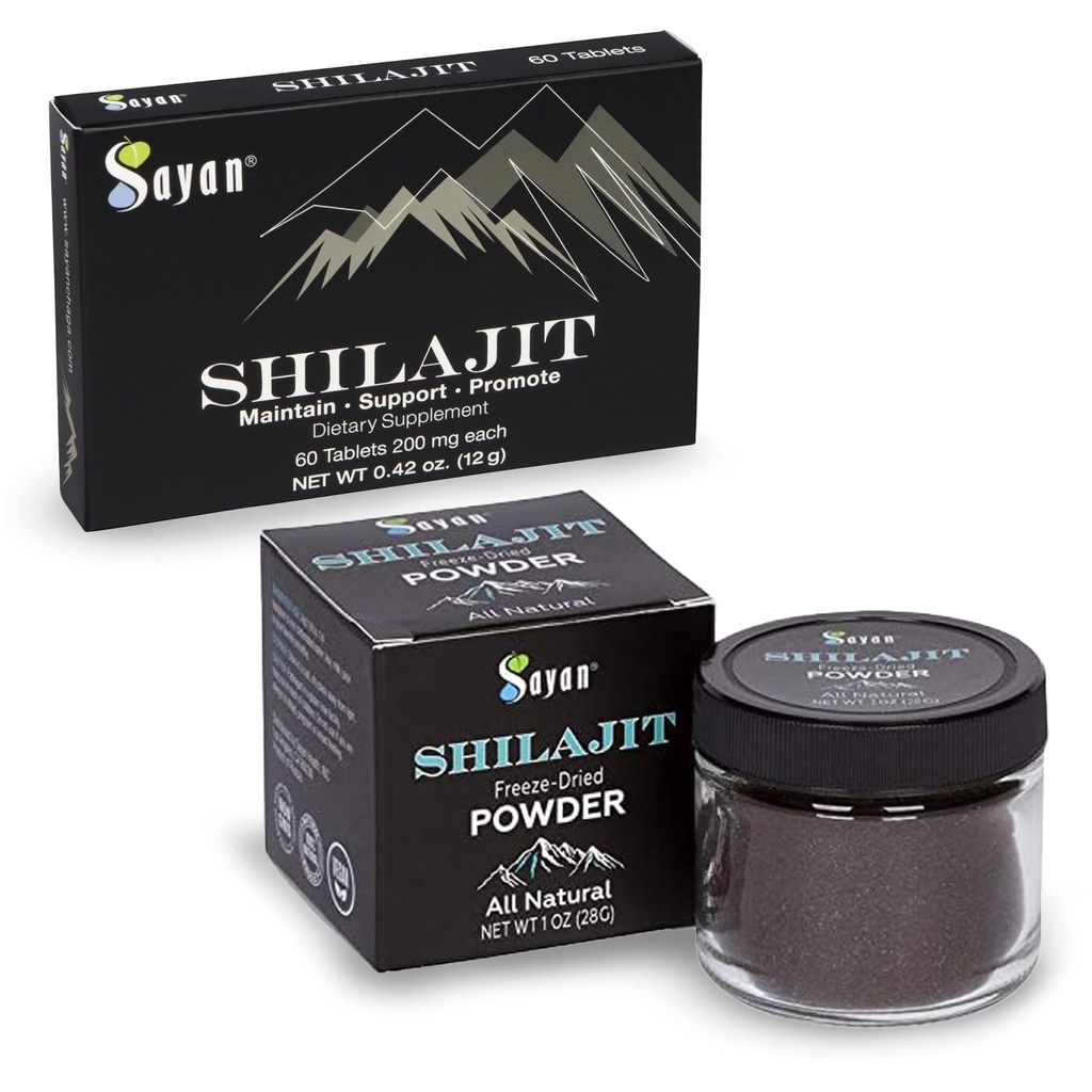 Sayan Shilajit Pure Organic Black Resin Trace מינרלים Tablet & Pure Shilajit לחלץ Freeze-Dry אבקת Bundle - תמיכה כספית, Detox, Energy Boost (1 חודש אספקה)