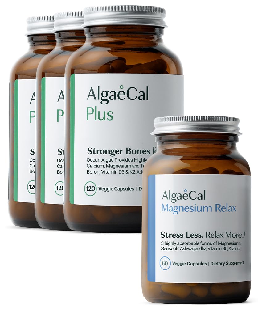 ALGAECAL אורגני Red Algae Calcium תוסף עבור העצמות וחוזק, ויטמין K2 MK7, ויטמין D3, Magnesium & Trace מינרלים, 120 Veggie Caps Magnesium להירגע (60 Caps)