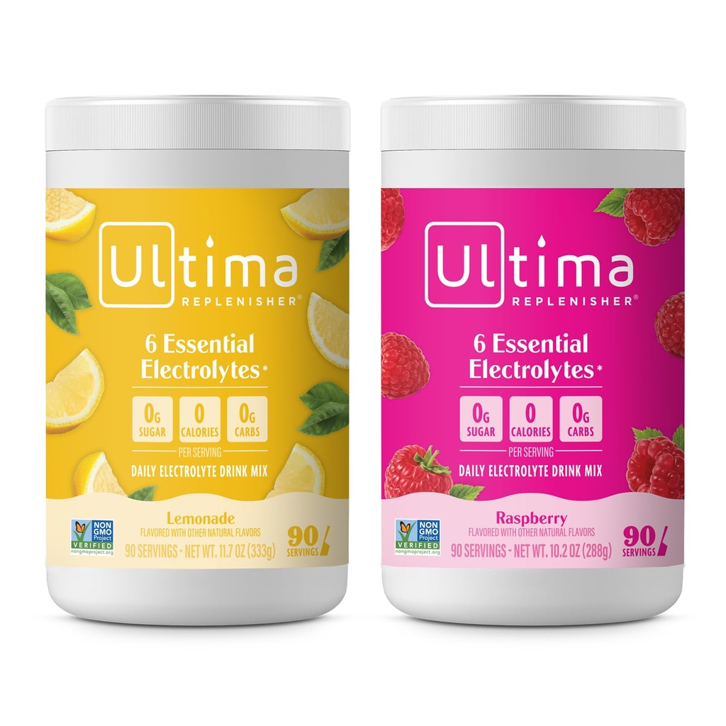Ultima Replenisher Electrolyte אבקת לשתות Mix Bundle - סוכר חינם - Lemonade ו Raspberry, 90 משרתים - אבקת הידרה - 6 Key Electrolytes ו- Trace מינרלים - Keto Friendly, non-GMO