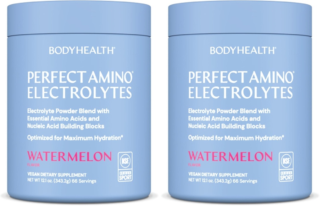 BodyHealth PerfectAmino Electrolytes אבקת No Sugar, hydrotion Fasting Keto Zero Sugar Electrolytes לשתות Mix with Trace מינרלים - NSF מוסמך עבור ספורט - Watermelon - 66 משרתים (Pack of 2)