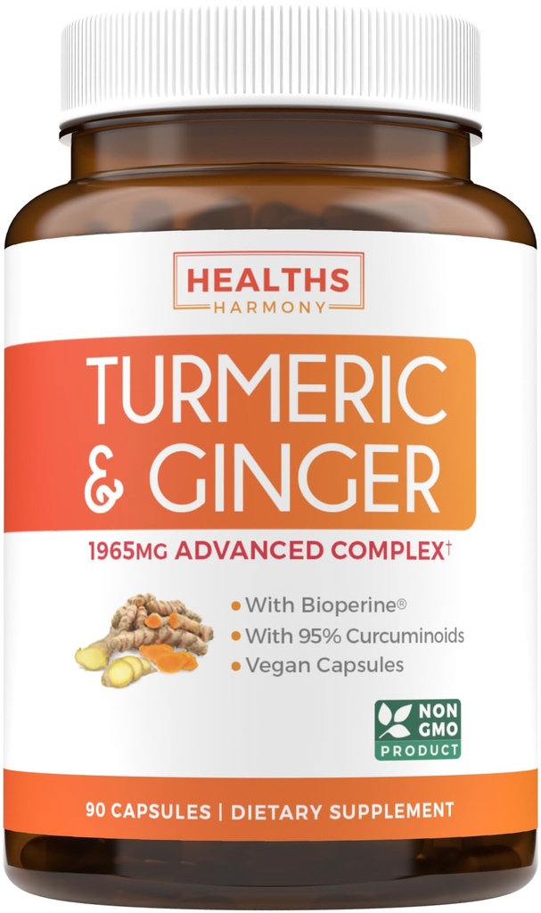 תוסף Turmeric וג'ינג'ר (Non-GMO) 1980 מ"ג - כורכומין Turmeric עם Black Pepper Bioperine, ג'ינג'ר פלט ו-95% אבקת Curcuminoids - תמיכה משותפת Tumeric - 90 קפסולות