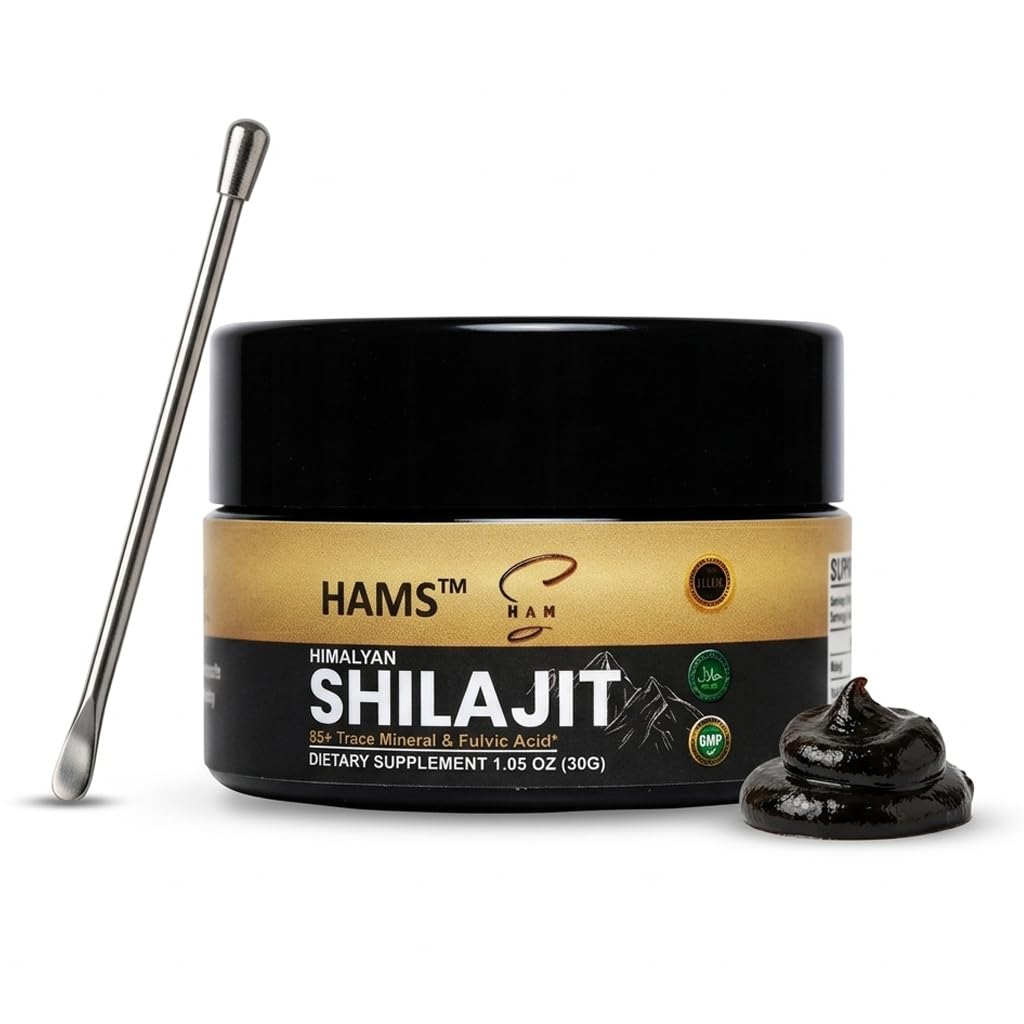 HAMS Pure ההימלאיה Shilajit Resin, Authentic Mumijo עם 84 + Trace מינרלים, אומץ גבוה עם זהב אלמנטלי ו Fulvic Acid, מעבדה נבדק, טבעוני, 30g