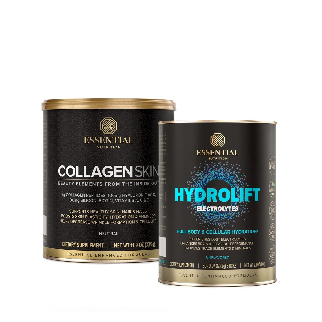 Skin + Hydrolift Bundle - hydrolyzed Bioactive Collagen Peptides עם Hyaluronic Acid, Biotin & Silicon ו- Sugar-Free hydrolift Electrolytes עם Trace Elements & מינרלים