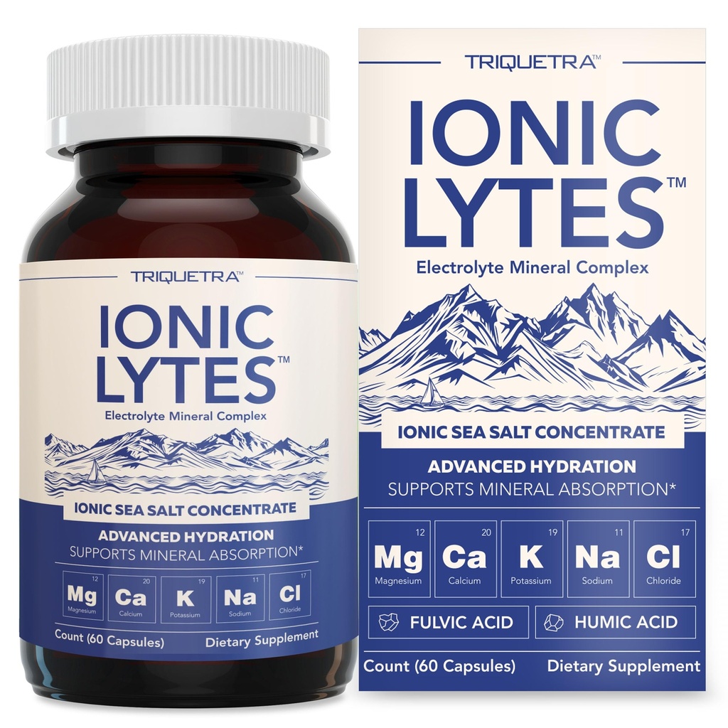 Ionic LytesTM Electrolyte מינרלים Complex with Ionic Sea Salt, Fulvic & Humic Acid - תמיכה הידרציה, אלקטרוליט & מינרלים איזון ותפקוד שרירים (60 קפסולות) - Soy-Free, Gluten-Free, cGMP