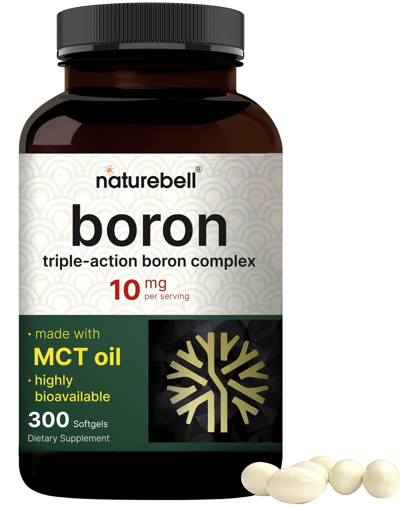 Boron 10 מ"ג, 300 Softgels עם שמן MCT | High Absorption | תוספת פעולה Boron לגברים ונשים | Glycinate, Citrate, & Aspartate Complex