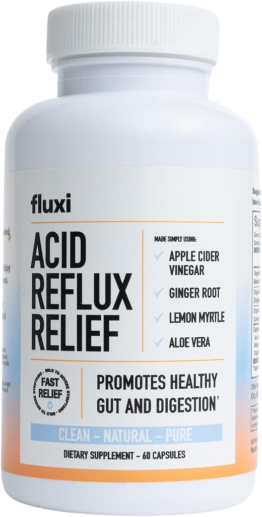 Fluxi Acid Reflux קפסולות סיוע - עם Apple Cider Vinegar ג'ינג 'ר שורש & לימון מירטל - תומך גז, Bloating and Digestion - 60 Count