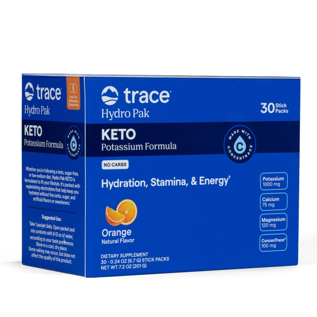 Trace מינרלים Hydro Pak Keto - אלקטרוליטית משקה תערובת - 1000 מ"ג Potassium Plus 70 תמיכה אנרגיה, Stamina, ו הידרה - כתום פלאמור - 30 משרתים