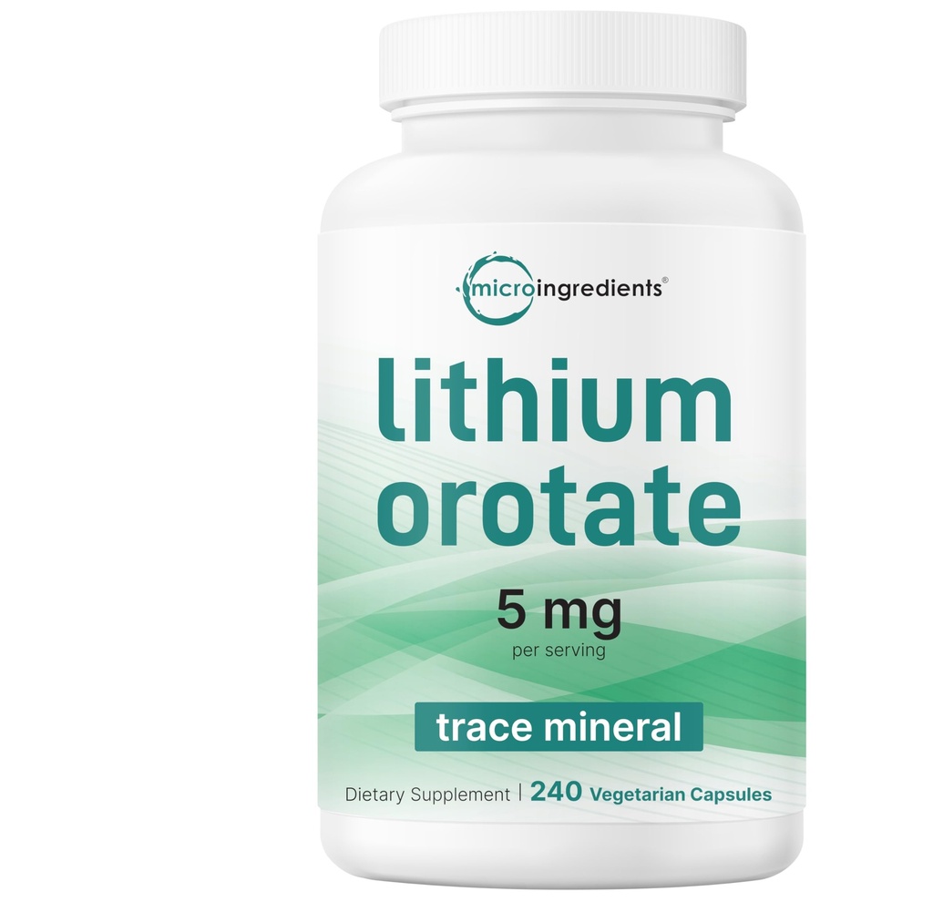 Micro Ingredients Lithium Orotate 5 מ"ג, 240 קפסולות צמחוניות | 5 מ"ג פרי | Elemental Lithium Trace מינרלים | Stable Low-Dose Orotate Form