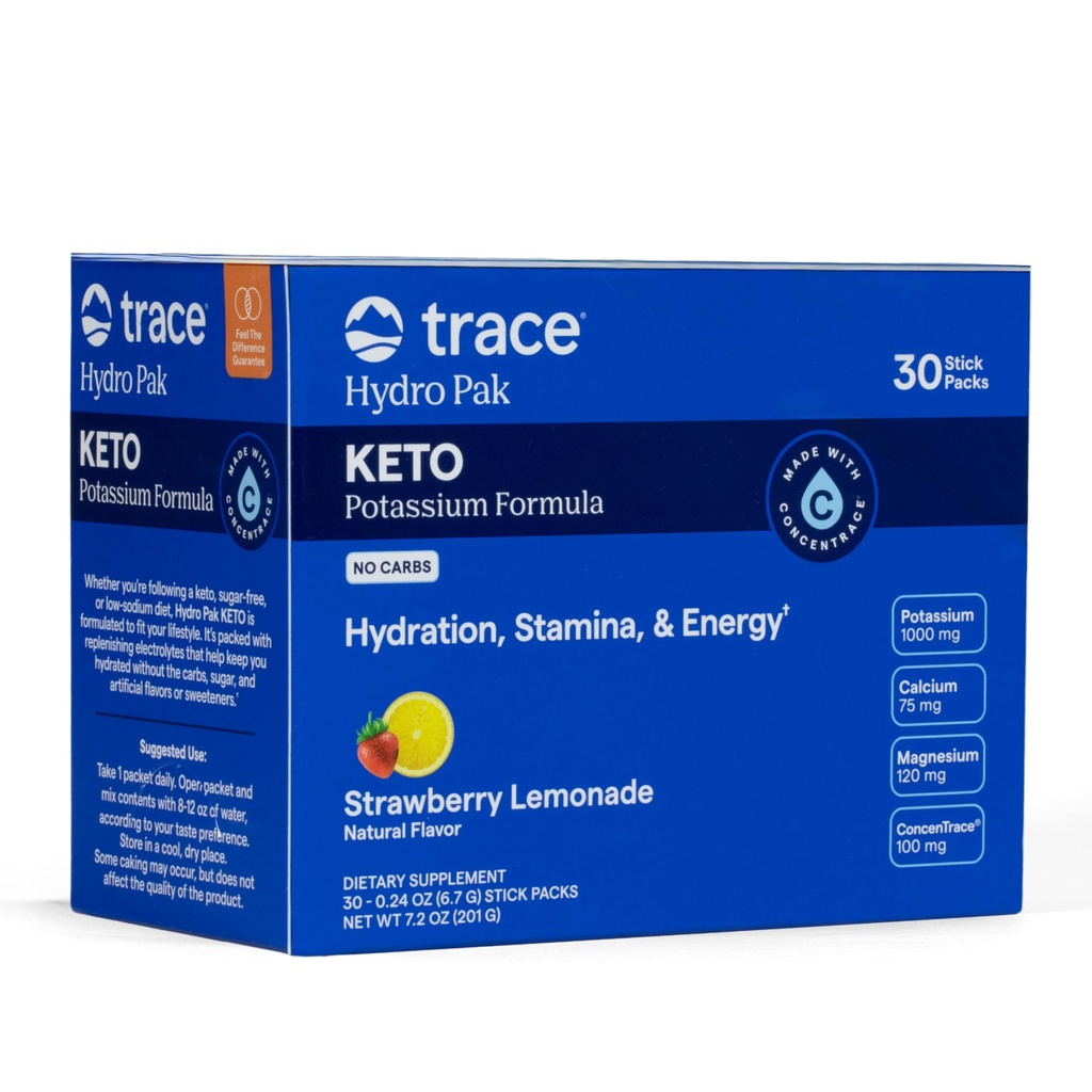 Trace מינרלים Hydro Pak Keto - אלקטרוליטה Replenishment Drink - 1000 מ"ג Potassium Plus 70 תומך אנרגיה, Stamina, & הידרה - Strawberry Lemonade Flavor - 30 משרתים