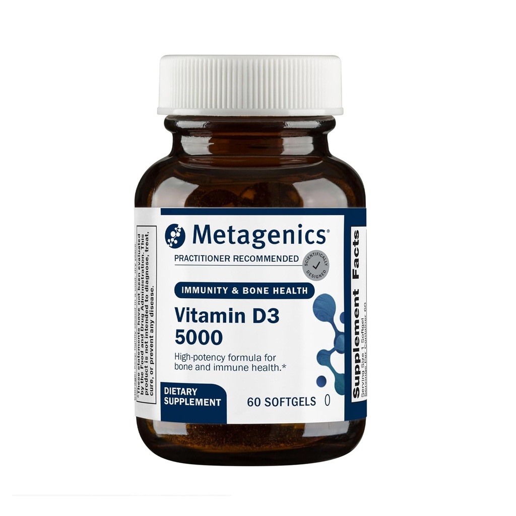 Metagenics ויטמין D3 5000 IU תוסף - High Potency Softgels for Immune, Bone & Heart Health * - 125 mcg Cholecalciferol בשמן קוקוס עבור Absorption משופרת - non-GMO, Gluten-Free - 60