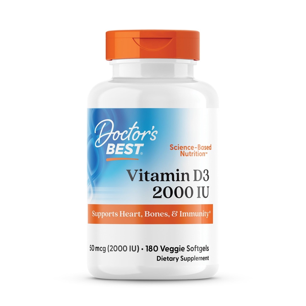 ויטמין D3 2000 IU Softgels for Men & Women - תוסף ויטמין D עבור Immune System & Heart Health Support, 50 mcg לכל משרת, Vit D 3, Non GMO, Gluten & Soy חינם - 180 Veggie Softgels