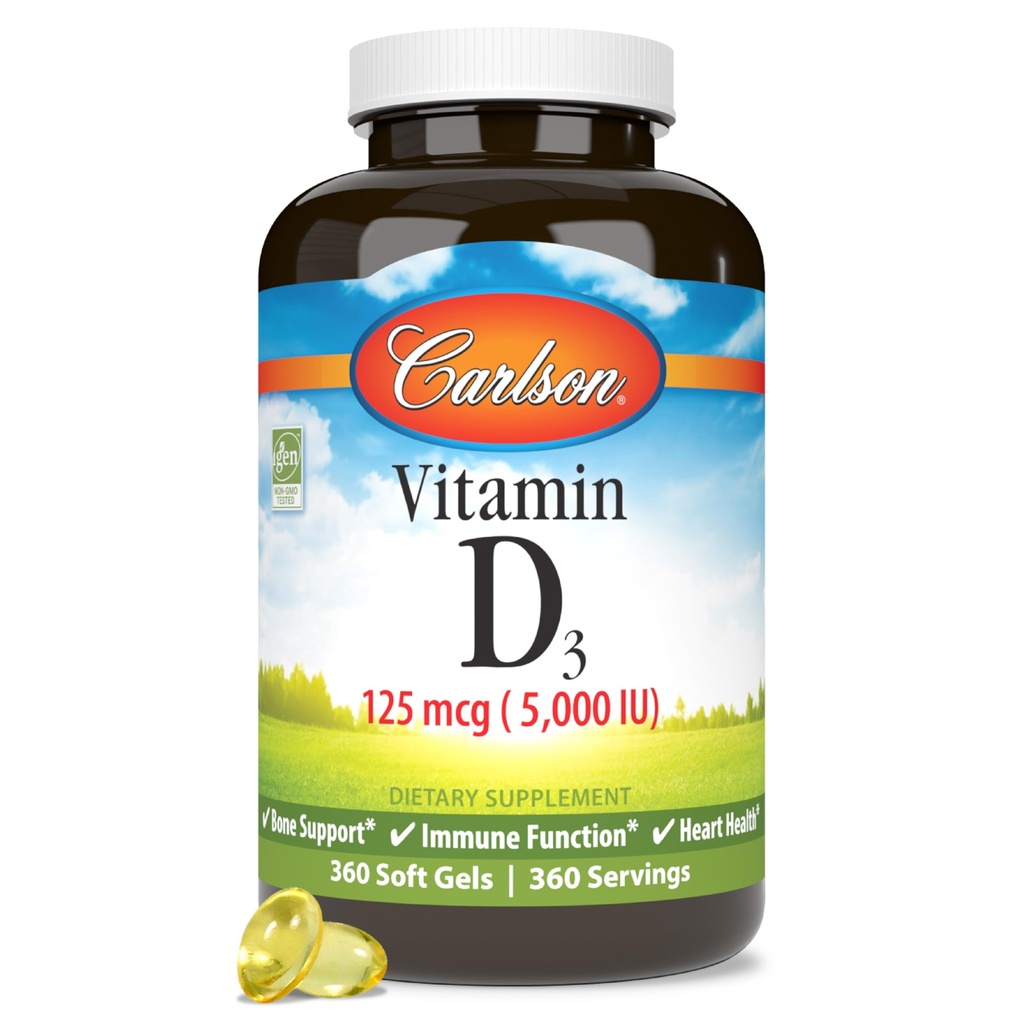 קרלסון - ויטמין D3 5000 IU (125 mcg), בריאות העצם, בריאות השרירים, Cholecalciferol, ויטמין D תוספים, ויטמין D3 Soft Gels, 360 Softgels
