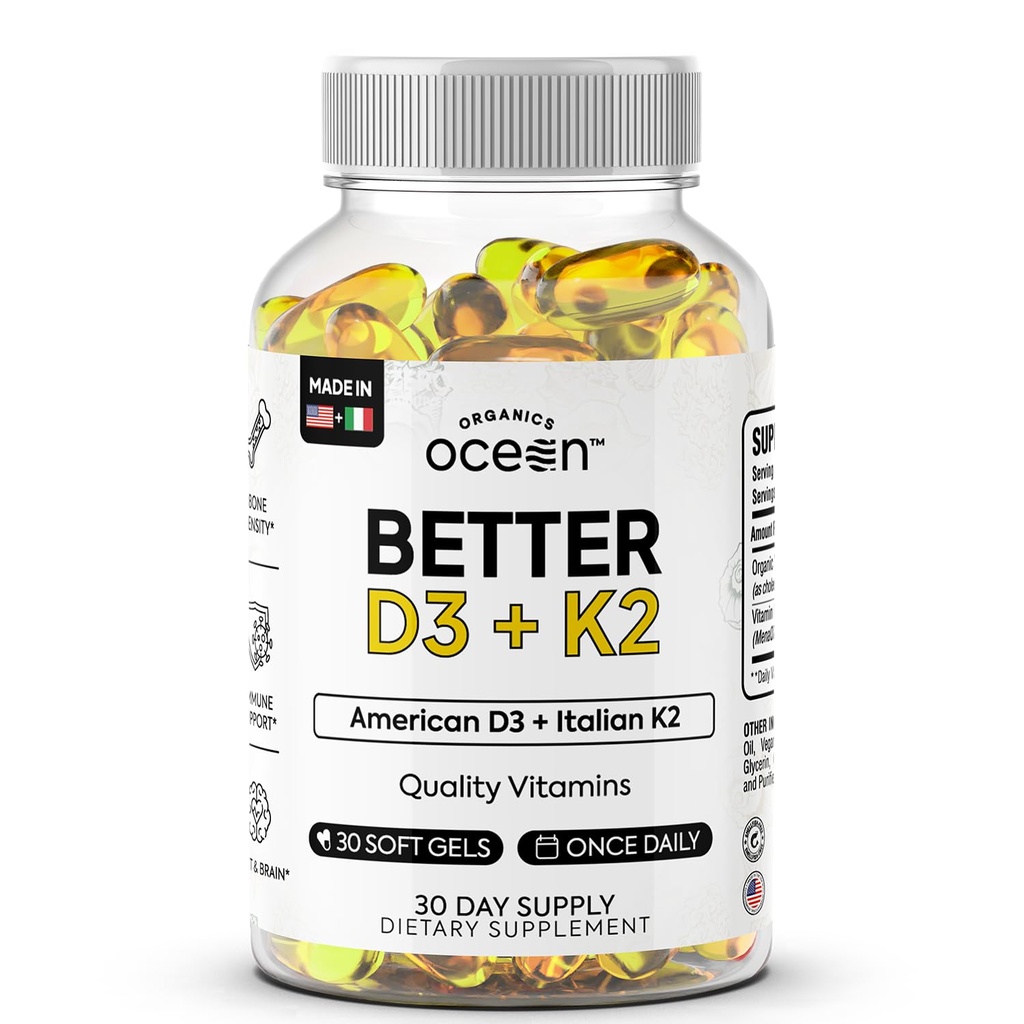 אורגנית Ocean Better D3 + K2-100% אורגני VIT D3 ו-K2 תוספים עם זמינות ביולוגית מקסימלית - תמיכה בעצמות העצם, Calcium Balance, Immunity & Mood - 1-Pack, 30 יום אספקה
