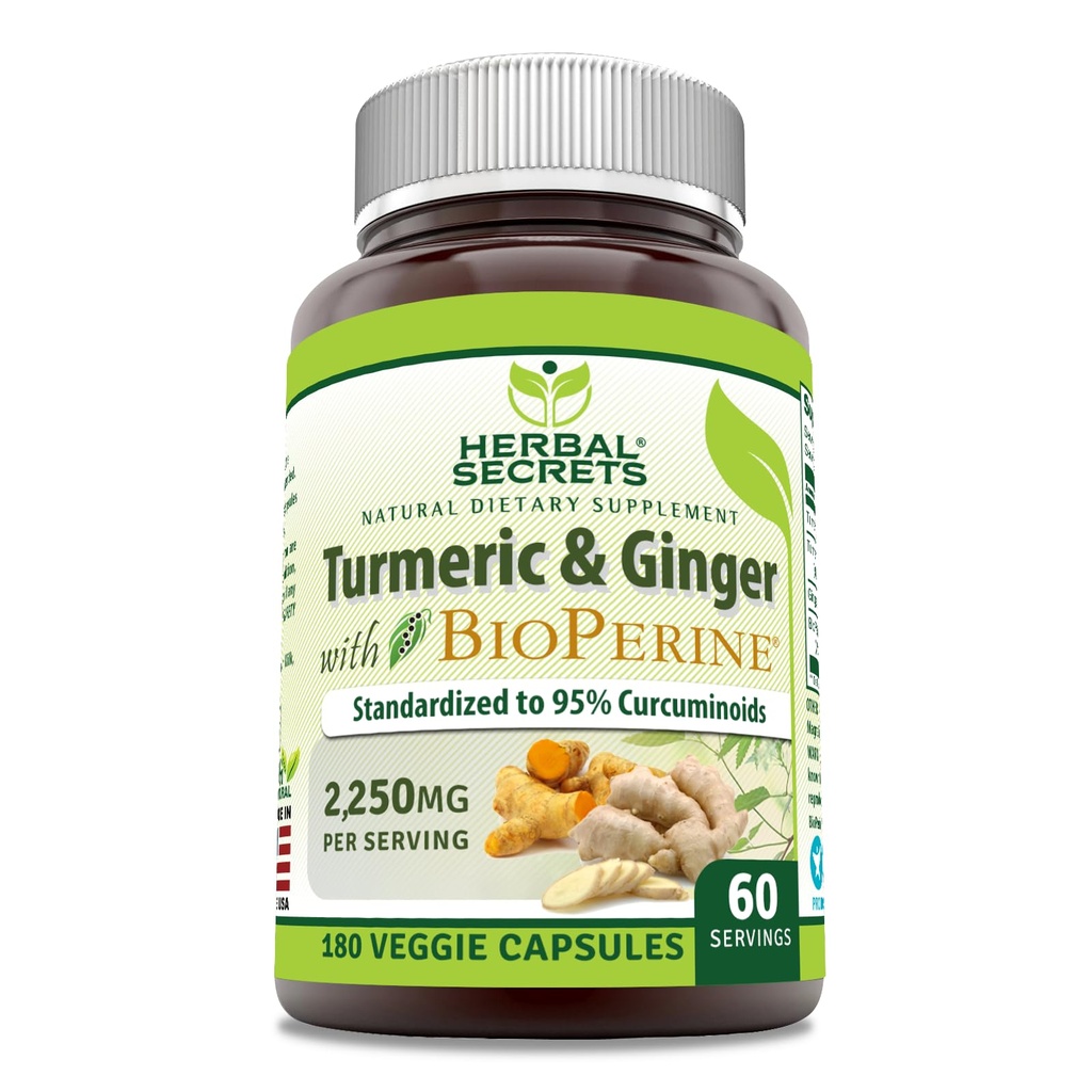 Herbal Secrets Turmeric Curcumin & ג'ינג'ר עם תוסף BioPerine | 2,250 Mg Per לשרת | 180 קפסולות | Non-GMO | Gluten Free | Made in USA