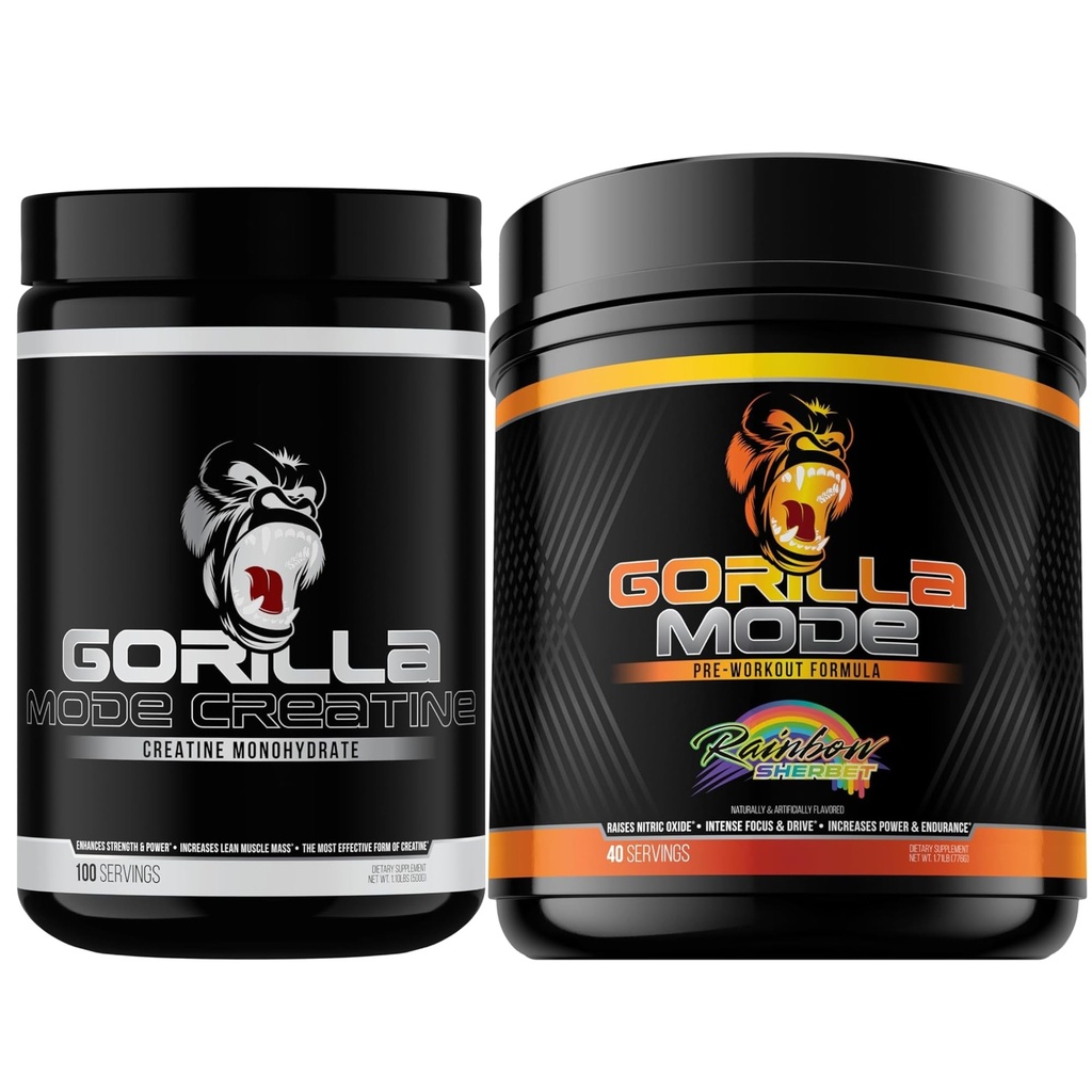 Gorilla Mode Creatine Monohydrate אבקה Micronized & Pre Workout (Rainbow Sherbert)- Massive Pumps | לייזר פוקוס אנרגיה | שיפור גודל השרירים