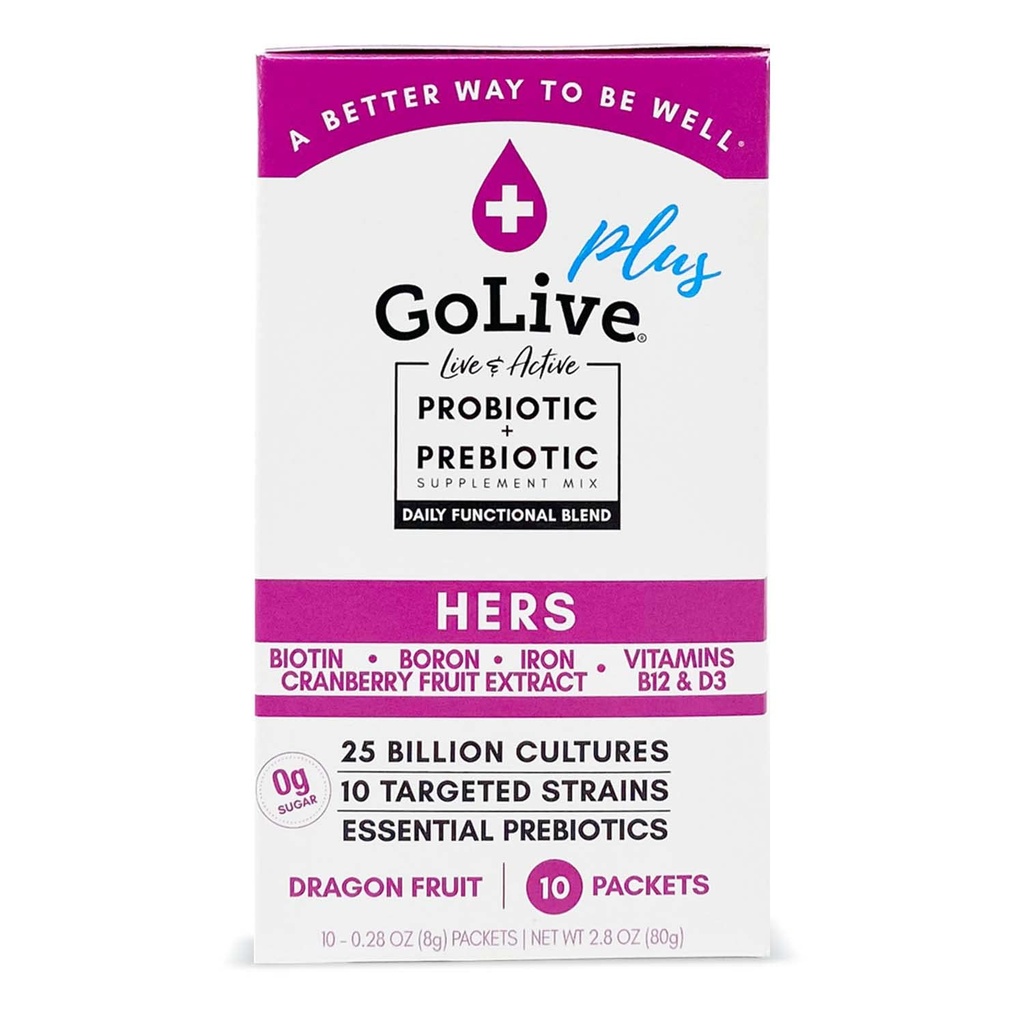 GoLive Probiotic for Women - אבקת Synbiotic ללא סוכר עם Prebiotics, Cranberry, ביוטין, B12 & D3-25 מיליארד CFUs, 10 Clinical Strains - תומך Vaginal, Digestive, UT & Immune Health Health