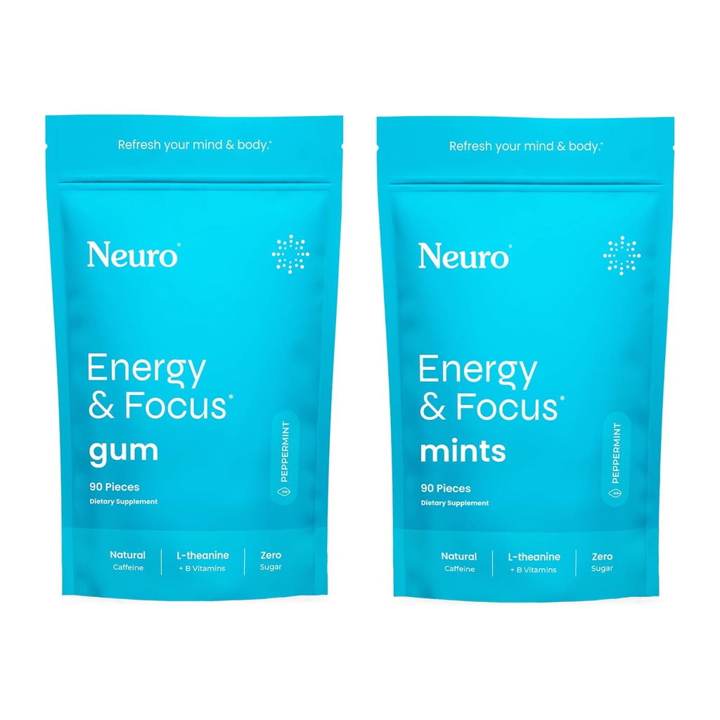 Neuro Energy & Focus Bundle - Peppermint Nootropic מסטיק (90ct) + Mints + Mints (90ct), Natural Caffeine, L-theanine, B12 + B6, תמיכה מוחית ללא סוכר עבור קלייריות ואנרגיה
