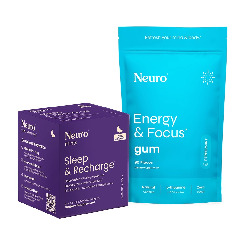 Neuro Energy & Sleep Bundle - Energy & Focus Gum (Peppermint, 90 Count) + Melatonin 5 מ"ג שינה & Recharge Mints (לילה ברי, 72 Pieces) - Daytime Focus & Nighttime מנוחה תמיכה