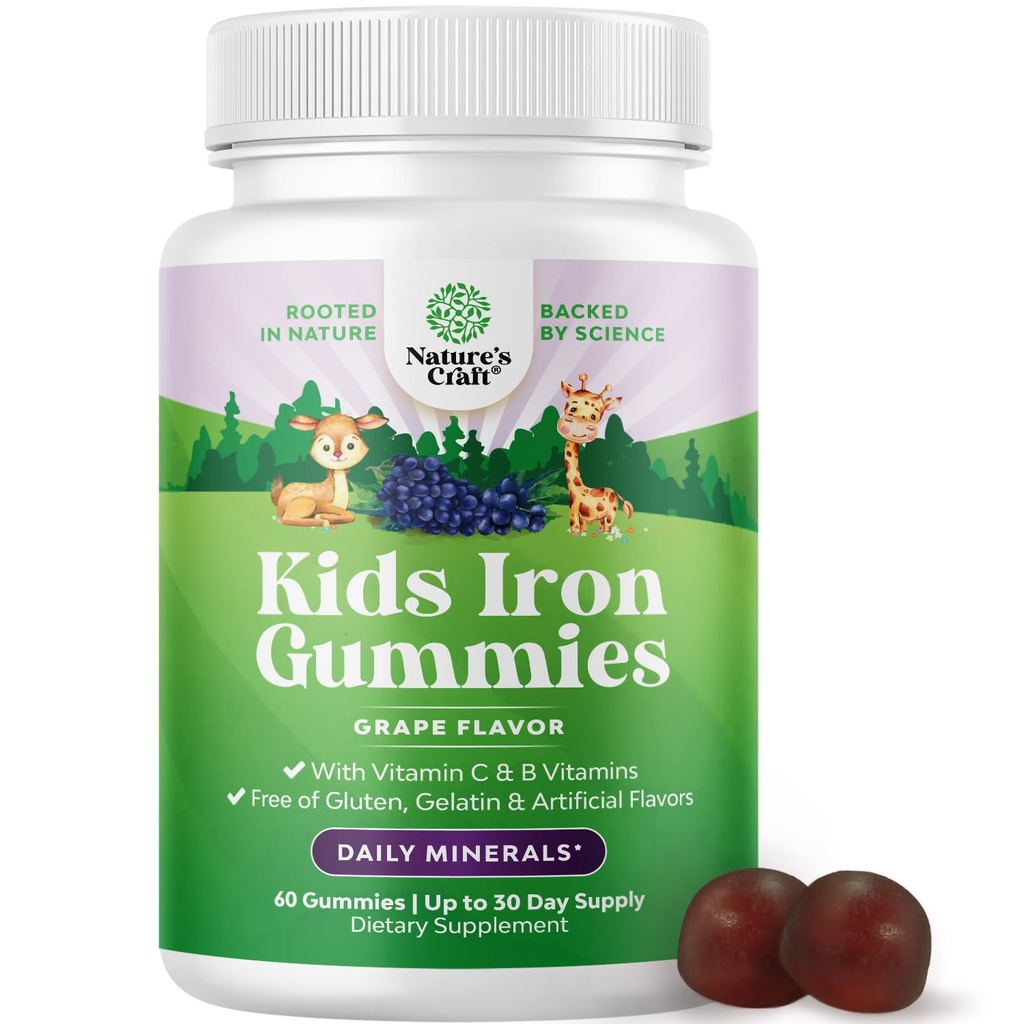 ילדים מסטיקנים של ברזל - BloodBuild Iron Supplements for Kids with Gentle for Stronger Immunity & Energy - ויטמין B12, Folate & ויטמין C Gummies - טבעוני GMO & Gluten חינם לפעוטות - 60 הרוזן