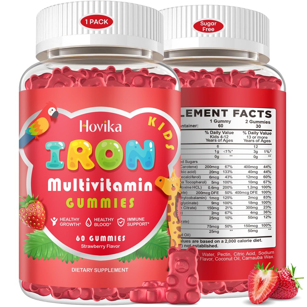 תוספת ברזל לחניכיים לילדים עם Multivitamin, Calcium, Zinc, Folate - Kids Iron Gummies Support Immune, Blood Builder, Iron Deficiency, Anemia & Energy - טבעוני, סטרוברי 60 הרוזן