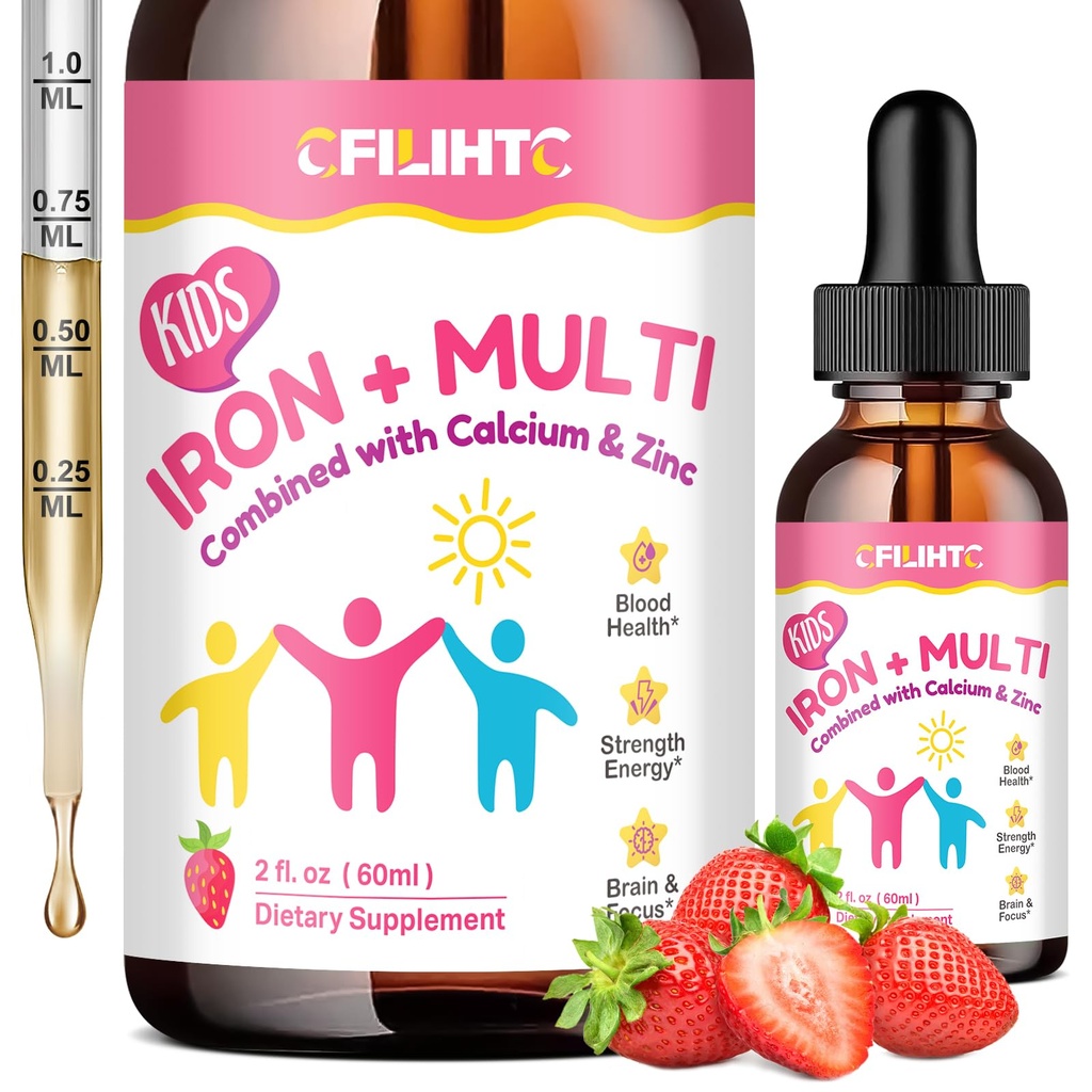 תוספת ברזל נוזלית לילדים, נשים וגברים - עם Calcium, Zinc, Kids Multivitamin עם Iron Drops - Immune Support, Blood Builder & Energy Support for Iron Deficiency, Anemia, טבעוני 2 Fl Oz