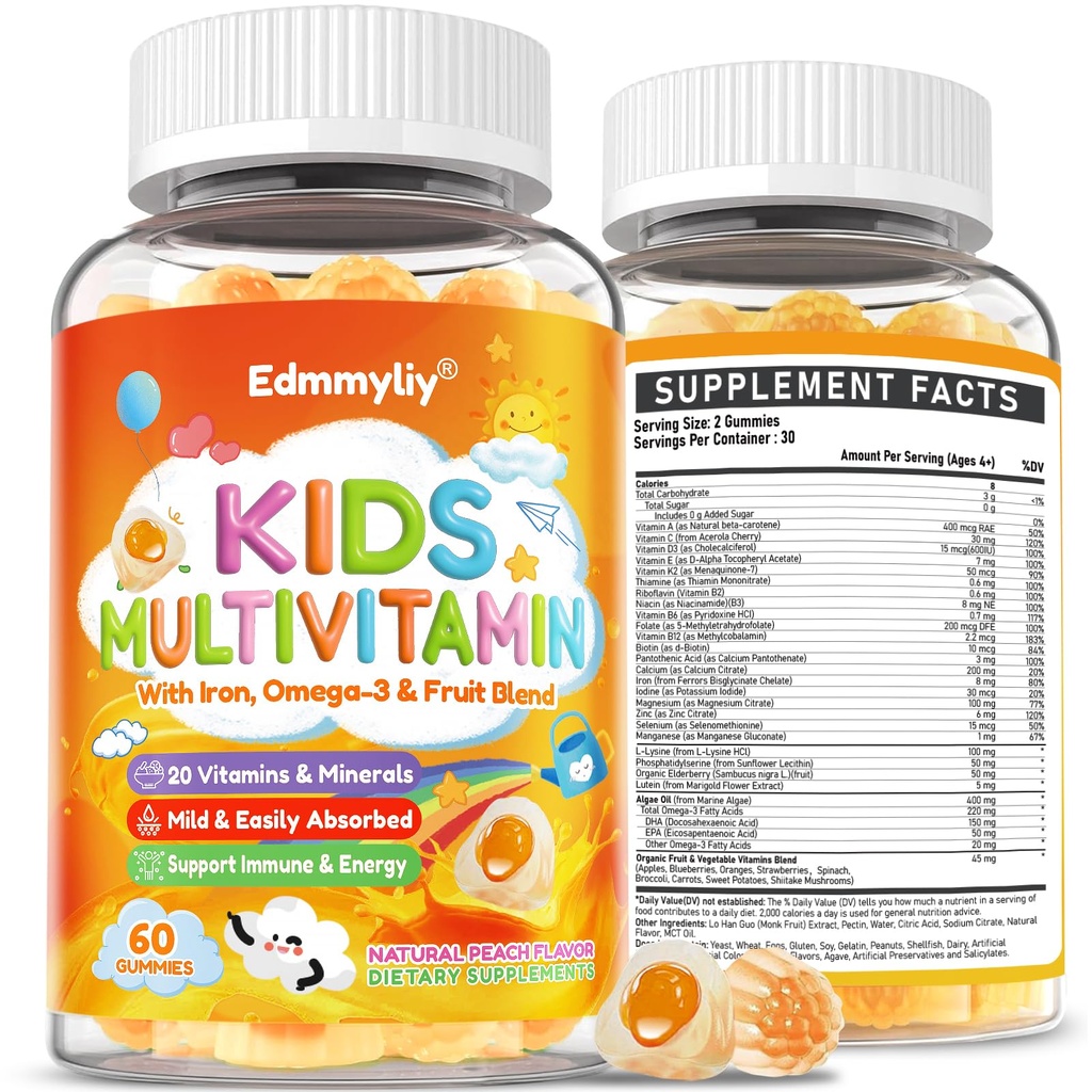 ילדים Multivitamin Gummies - ויטמין A D3 K2, Methylated B-Complex עם אומגה 3, ברזל עבור Immune & פיתוח תמיכה - אורגני מעורב-Berry Flavor Multivitamins לילדים Daily - סוכר חינם & טבעוני